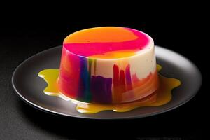 tasty colorful pannacotta on a plate, black background, illustration, generative ai photo