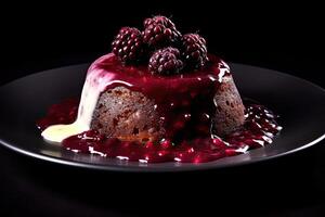 delicious mulberry pudding on a plate, black background, illustration, photo