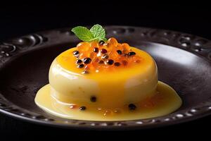 tasty passion fruit pudding on a plate, black background, illustration, photo