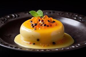 tasty passion fruit pudding on a plate, black background, illustration, generative ai photo