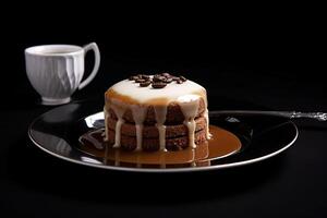 marvelous coffee pudding on a plate, black background, illustration, photo