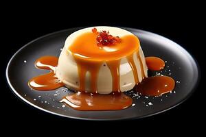 caramel pannacotta on a plate, black background, illustration, photo