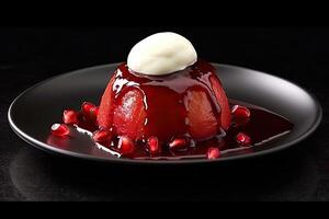 tasty pomegranate pudding on a plate, black background, illustration, photo