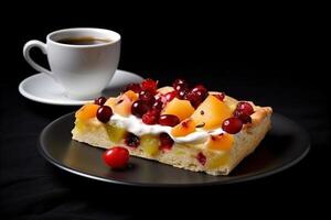 tasty cake and cappuccino coffee pudding on a plate, black background, illustration, photo