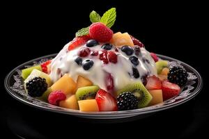 marvelous fruit salad pudding on a plate, black background, illustration, photo