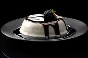 marvelous berries pannacotta pudding on a plate, black background, illustration, photo