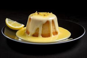 tasty lemon pudding on a plate, black background, illustration, photo