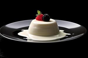 marvelous white pannacotta on a plate, black background, illustration, photo