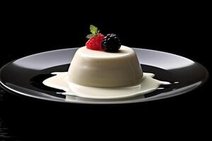 maravilloso blanco Panna cotta en un lámina, negro fondo, ilustración, generativo ai foto