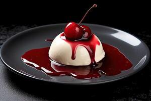 marvelous cherry pannacotta on a plate, black background, illustration, photo