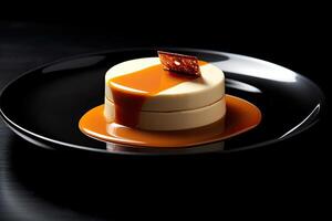 tasty caramel pannacotta on a plate, black background, illustration, generative ai photo