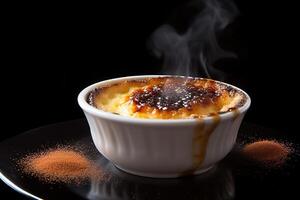 creme brule on a plate, black background, illustration, generative ai photo