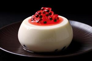 maracuja pannacotta a plate, black background, illustration, photo