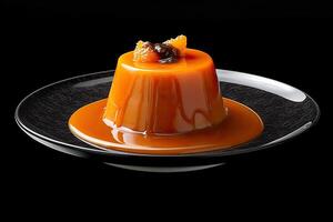 tasty pumpkin pudding on a plate, black background, illustration, photo