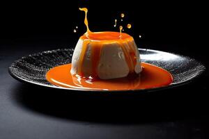 orange pannacotta on a plate, black background, illustration, generative ai photo