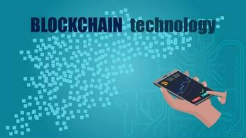 Blockchain technology text and smartphone with bitcoin graph in hand. The finger presses the buy button. Abstract digital blue background with circuit board. For sites and articles. Vector EPS 10.