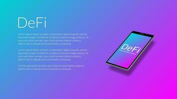 DeFi decentralized finance information website header mockup with realistic isometric smartphone and coin icons around. Beautiful gradient blue to pink. Vector EPS10.