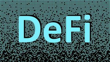 defi - descentralizado finanzas, azul texto en fragmentado matriz antecedentes desde cuadrícula. ecosistema de financiero aplicaciones y servicios establecido en público cadenas de bloques vector ilustración.