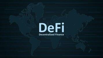 Text DeFi decentralized finance on dark background with world map. An ecosystem of financial applications and services based on public blockchains. Vector EPS 10.