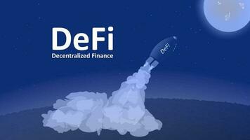 DeFi projects flies to the Moon. The decentralized finance sector is growing rapidly. The rocket with the inscription takes off from the ground and rushes upward. Vector EPS10.