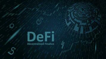 Defi decentralized finance on abstract digital dark background with flying digits and coin symbols. An ecosystem of financial applications and services based on public blockchains. Vector EPS 10.