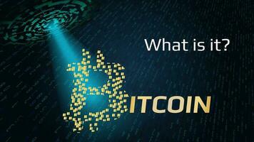 Abstract UFO shines a ray of light on the inscription Bitcoin with the question what is it. The Bitcoin logo is made of gold blocks. Digital dark background. Vector EPS 10.