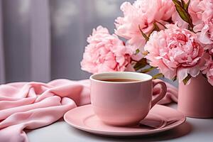 rosado taza de té en un mesa con un ramo de flores de delicado peonías de cerca. flor tarjeta generado por ai foto