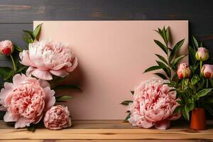 Bosquejo con delicado peonías y rosado marco en un de madera mesa, de cerca. flor tarjeta generado por ai foto
