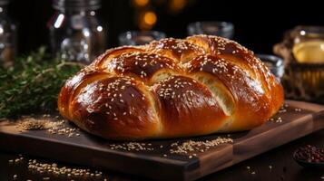 Swiss braided zopf bun with sesame seeds on a wooden table. Homemade pastries close-up. AI generated photo