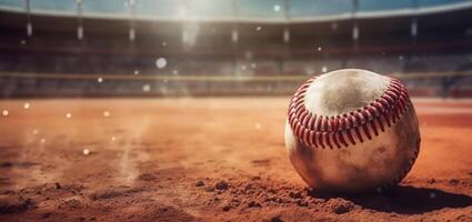 Old softball on the sand, close-up. AI generated high quality illustration. photo