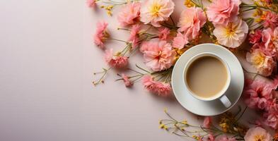 verano bandera o invitación con prado flores y taza de café en un rosado antecedentes. ai generado foto