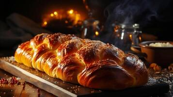 Freshly baked challah from the oven on table. Steam rises over festive bread. Close-up. AI generated photo