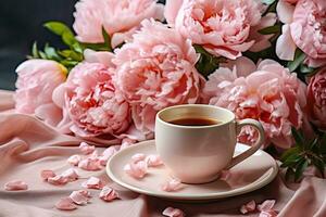 taza de té con Leche en mesa con ramo de flores de delicado peonías de cerca. flor tarjeta generado por ai foto