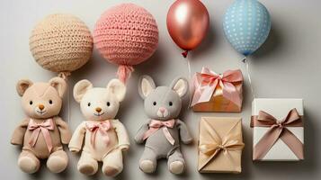 Teddy bears, gifts and balloons, party invitation banner or poster idea. Gender reveal. AI generated photo