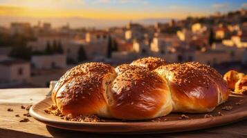 Baking with sesame on the background of the old city. Farm bread close-up. photo