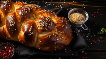Fresh challah on table sprinkled with sesame delicious bread from the bakery, flat lay. photo