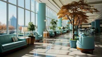 Modern hospital corridor medical center layout idea, natural light. Generated AI photo