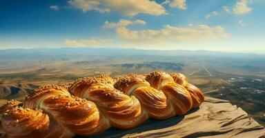 baked homemade challah, festive bread on table against backdrop of landscape. Close-up. AI generated photo