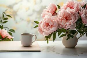 ramo de flores de delicado rosado peonías en florero en mesa, siguiente a un taza de caliente té o café, ai generado foto