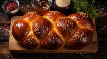 Challah on tray on wooden table, Shabbat. Homemade delicious pastries sunday, top view. AI generated photo