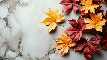 Autumn maple leaves on marble table, ideas for autumn banner or card with copy space. AI generated photo