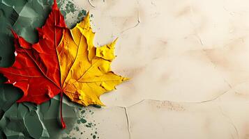 Drawing of Canadian maple leaf on plaster with copy space, autumn banner to school. AI generated photo