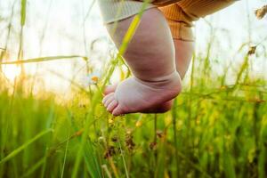 niños pequeños pies en el césped con natural luz de sol. infantil piernas en natural antecedentes. del bebe cuerpo partes. linda pequeño dedos foto