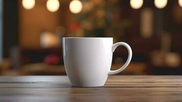 White blank Round coffee mug on wooden table with blurred coffee shop interior, Coffee mug mockup inside coffeehouse or cafe on wooden table. Pro Photo