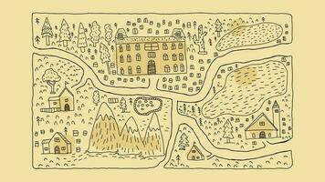 fantasía mapa a mano bosquejo garabatear pueblo con montaña, libera, carreteras y casas vector