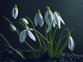 Beautiful snowdrop flowers macro photography spring galanthus illustration. Ai Generated photo