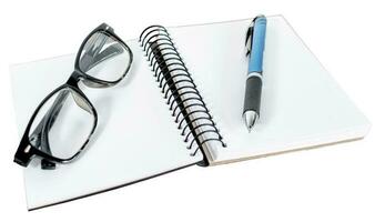 Blank diary, pen and glasses on white or transparent background. photo