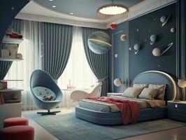 Modern boy bedroom with space theme decoration. Generative AI photo