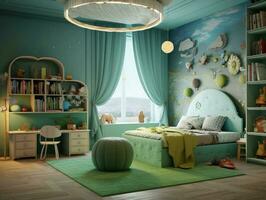 Cozy blue kid bedroom with toy and fun decoration. Generative AI photo