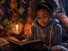 Adorable black girl reading book before bed time in cozy bedroom. Generative AI photo